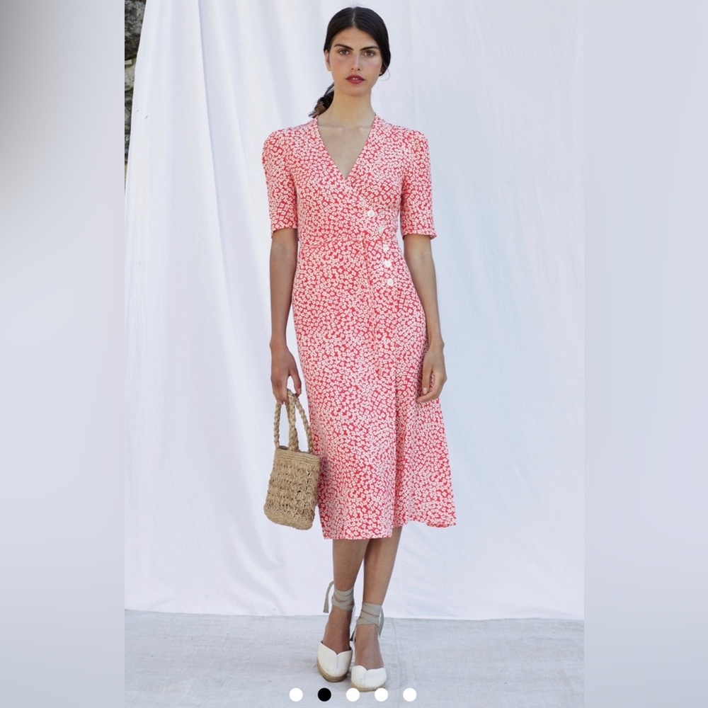 Rouje Coral-Pink Printed Wrap Midi Dress